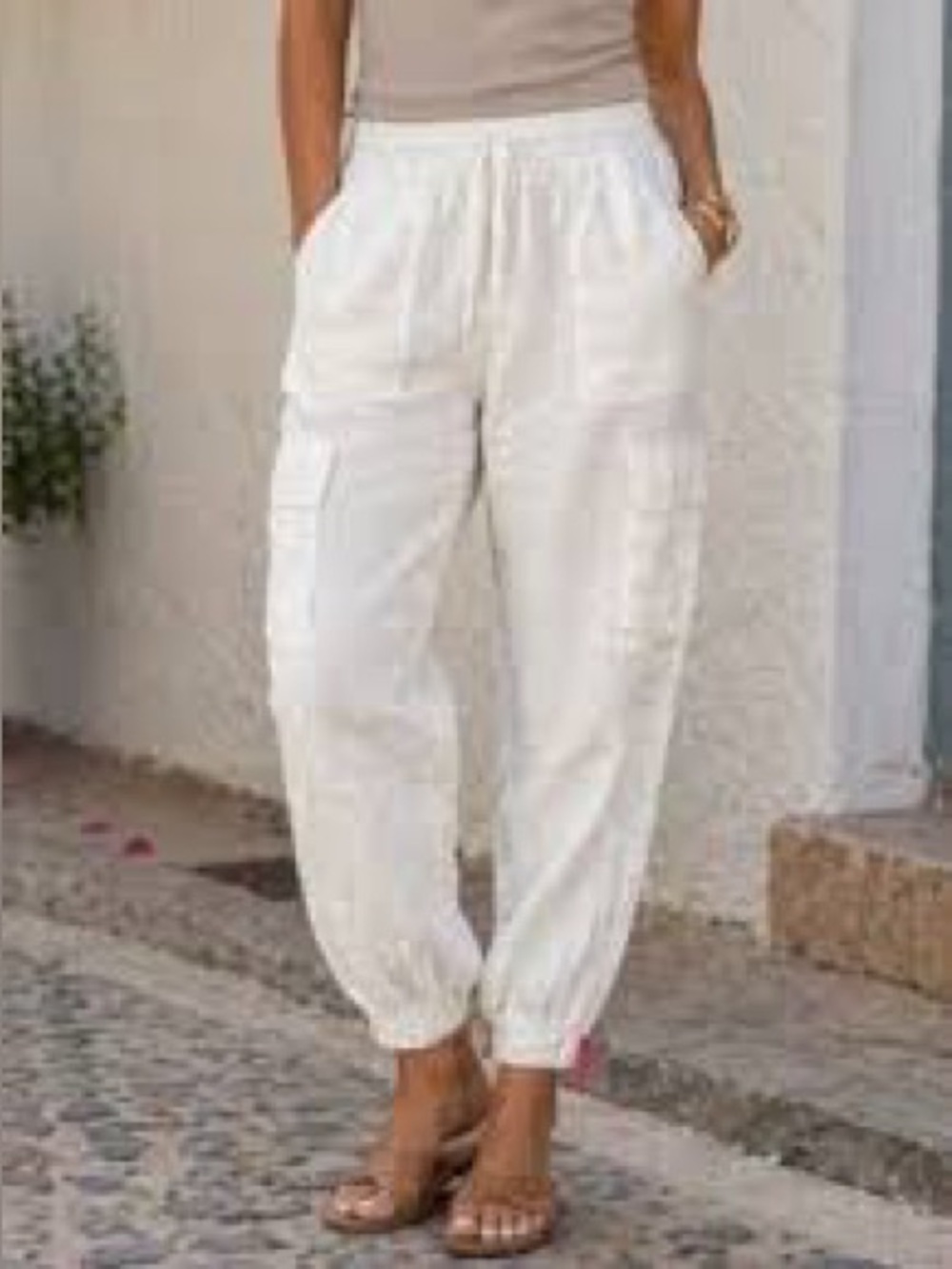 Nicole Miller White linen Elastic Cuff Cargo Joggers